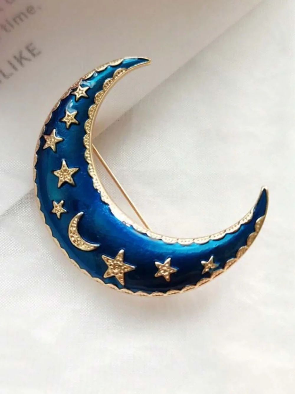 Blue Crescent Moon Star Enamel Brooch N2471